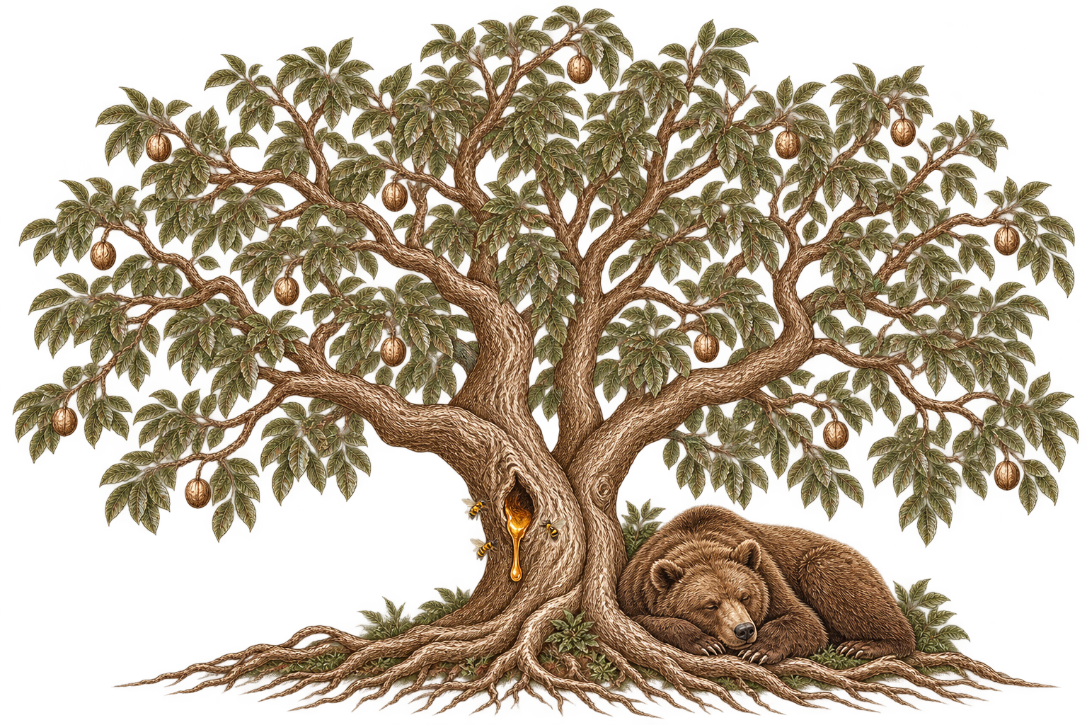 An engraved walnut tree with walnuts hanging from its branches, a sleeping California bear at the roots, and bees beside a honey-filled hollow